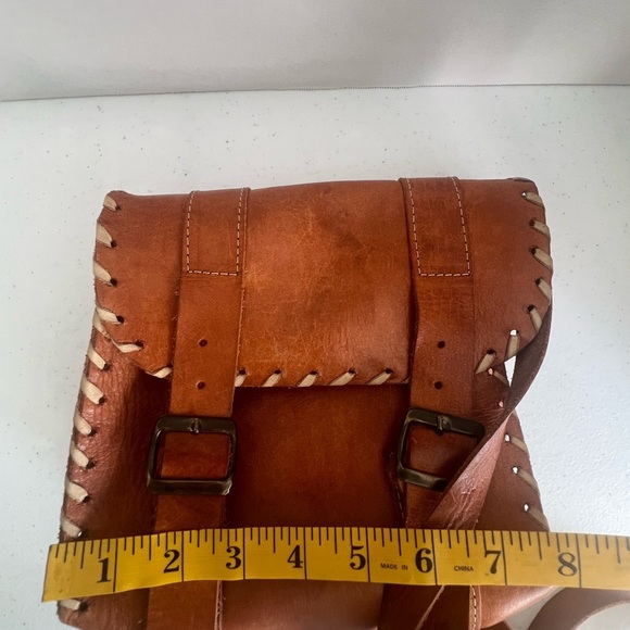 Vintage Handmade Leather Satchel Bag Cognac Brown Whipstitch Double Buckle Strap - Picture 7 of 8